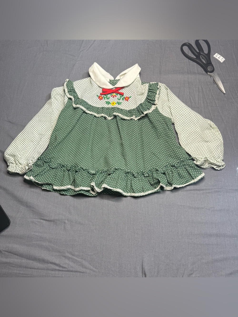 Vintage Girls Green Polka Dot Ruffle Blouse with Embroidered Collar